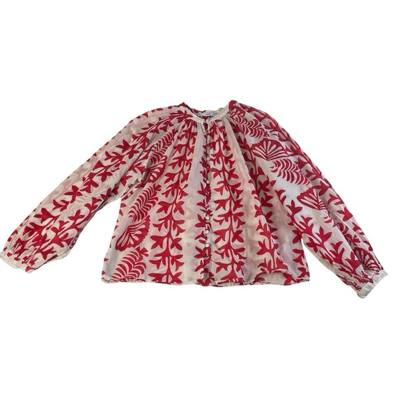Mango Tops - Mango MNG Red Floral Cotton Blouse Coastal Puff Sleeve Top Size 4